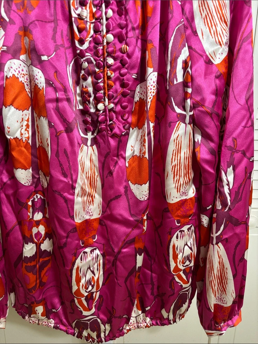 Tory Burch Satin Silk Beetle Print Bohemian Magenta Blouse Size 10